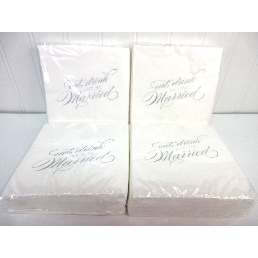 Wedding Cocktail Napkins Eat Drink and Be Married 160ct 3Ply White Silver Script